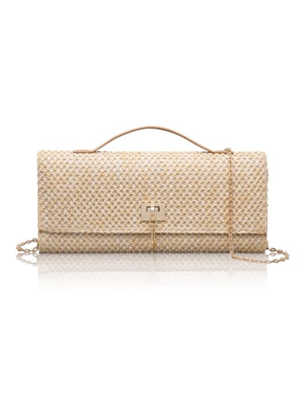 Straw Woven Clutch Purse with Turn Lock Closure & Chain Strap